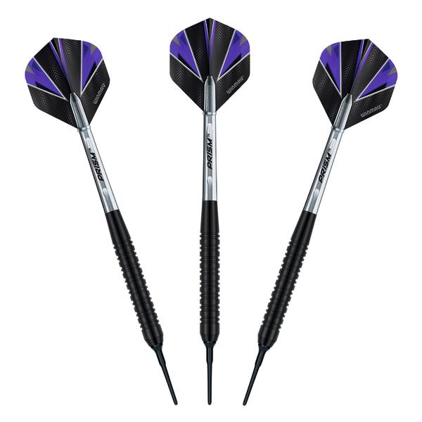 Drei schwarze und violette Winmau Prism Dartpfeile mit Metall-Schäften und Kunststoffspitzen.