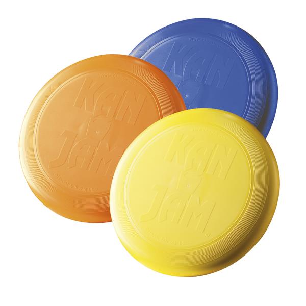 Frisbees in den Farben Gelb, Orange und Blau, ideal für Outdoor-Spiele und Sport.