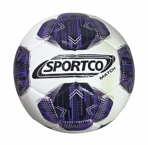 Weißer SPORTCO Match Fußball mit schwarz-violettem Muster