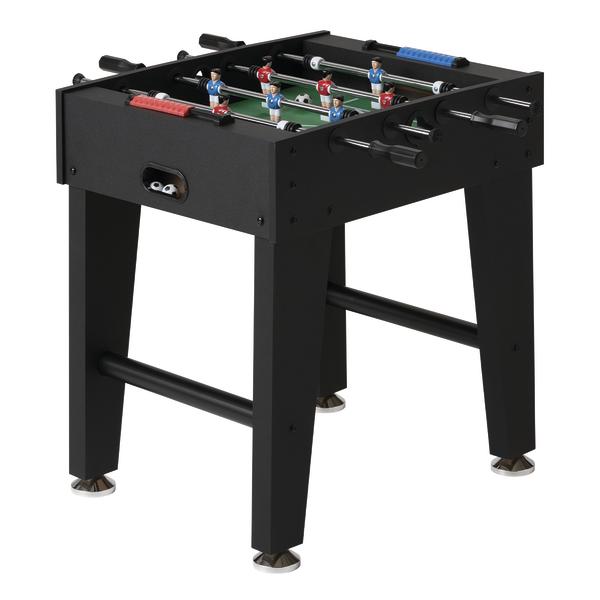 Schwarzer Kickertisch mit Spielfeld, Spielfiguren und stabilen Standbeinen.