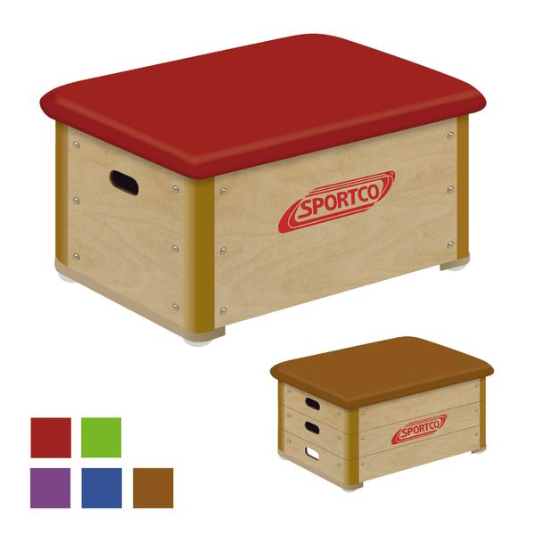Sportco Sprungkasten mit gepolstertem Deckel in verschiedenen Farben für Turn- und Sprungübungen.