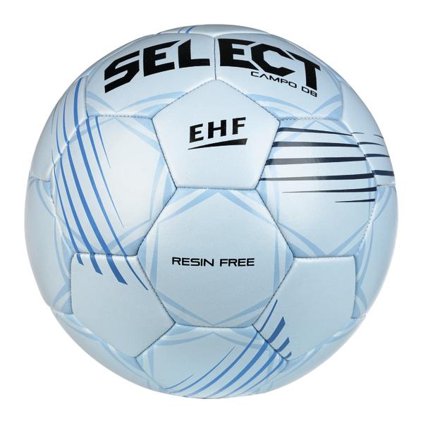 Hellblauer SELECT Campo DB Handball mit EHF-Logo und resinfreier Oberfläche für Training, Schulsport und Vereinssport zusätzliche Ansicht des resin free Prints