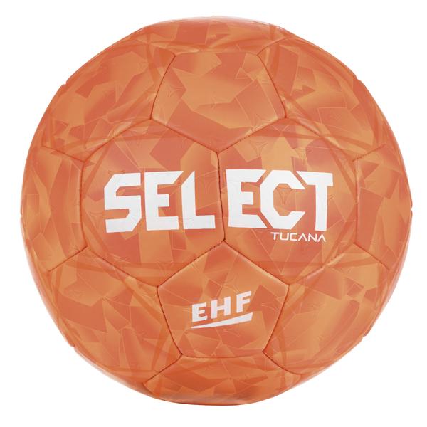 Oranger SELECT Tucana Handball mit EHF-Zulassung, geometrischem Ton-in-Ton-Muster und weißem SELECT-Schriftzug auf der Vorderseite