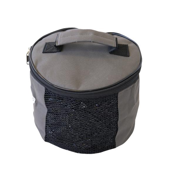 Graue runde Aufbewahrungstasche mit Reißverschluss und Tragegriff, isolierte Lunchbox.