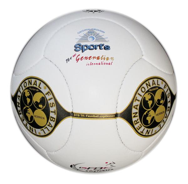 Weißer Faustball mit International Fistball Herren Logo und Sports Generation Schriftzug.