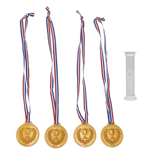 Vier Medaillen mit rot-weiß-blauen Bändern neben einer Sanduhr.
