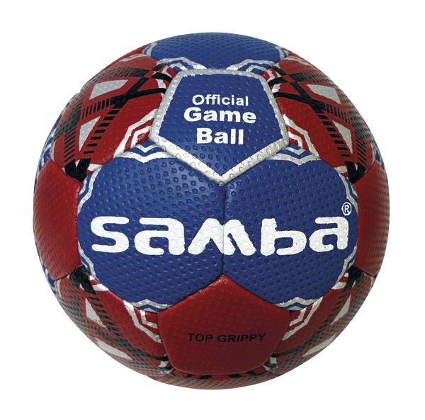 Rot-blauer Samba Handball „Official Game Ball“ mit strukturierter Top-Grippy-Oberfläche, silbernen und schwarzen Designelementen.