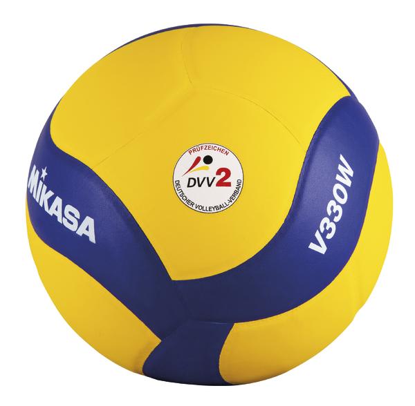 Gelb-blauer Mikasa Volleyball V330W mit DVV2 Prüfzeichen für offiziellen Spielbetrieb.