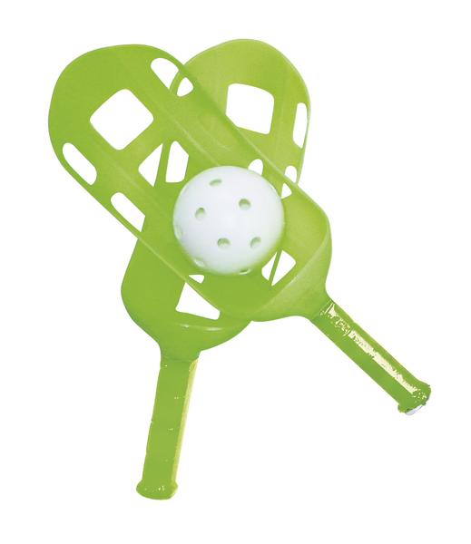 Grüne Kunststoff-Schläger mit weißem Lochball für Outdoor-Spiel und Freizeitaktivitäten.