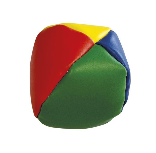 Mehrfarbiger Jonglierball in Rot, Gelb, Blau und Grün vor weißem Hintergrund.