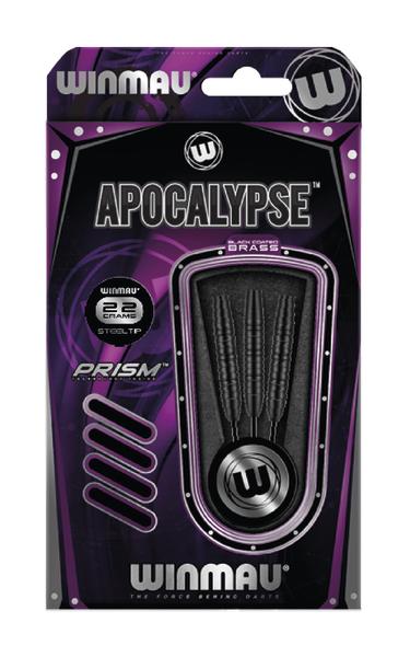 Winmau Apocalypse Steeldarts 22g mit Prism-Griff in schwarzer Verpackung.