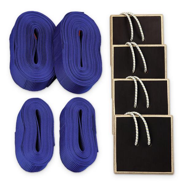 Vier blaue Spanngurte und vier schwarze Kantenschoner mit weißen Seilen.