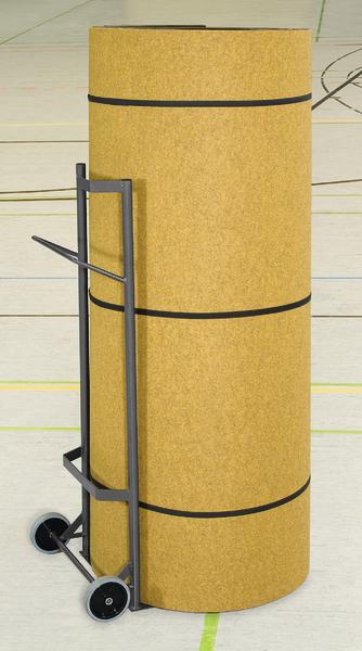 Transportwagen mit aufgerollter Sportmatte in einer Turnhalle.