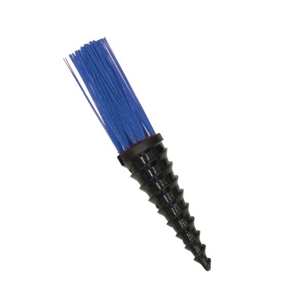 Kunststoff-Bürstenkopf mit blauen Borsten und schwarzem spiralförmigem Griff.