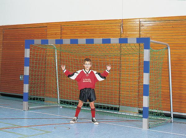 Junge im Torwarttrikot steht in der Halle vor Handballtor mit erhobenen Armen.