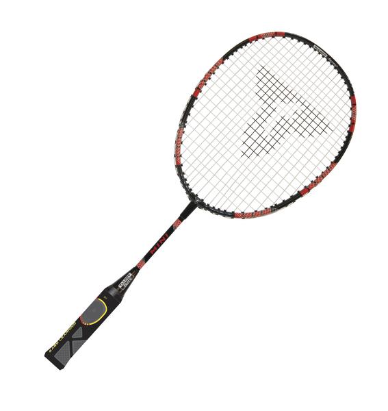 Badmintonschläger mit schwarzem Griff und rotem Rahmen, isoliert auf weißem Hintergrund.