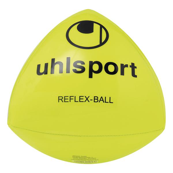 Vorderansicht eines neongelben Reflex-Trainingsballs in dreieckiger Form. Auf der Vorderseite sind das uhlsport-Logo sowie die Aufschrift „REFLEX-BALL“ gut sichtbar.