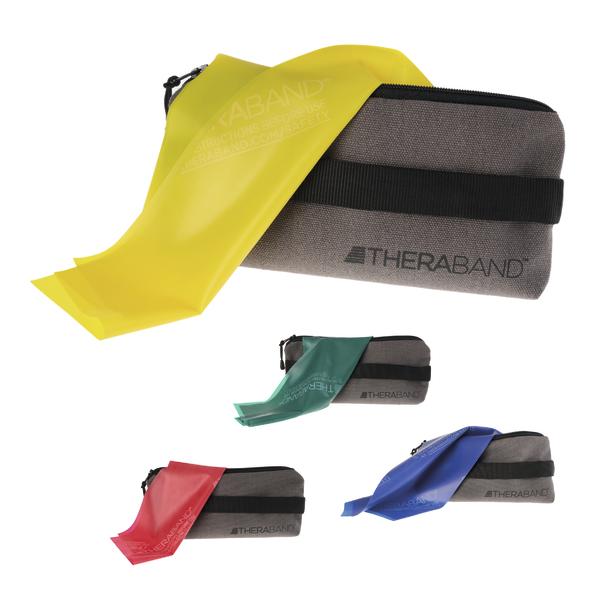 TheraBand Widerstandsbänder in Gelb, Grün, Rot und Blau mit grauen Tragetaschen.