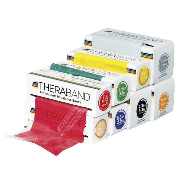 Verschiedene farbige TheraBand Widerstandsbänder in Verpackungen, ideal für Fitness und Rehabilitation.