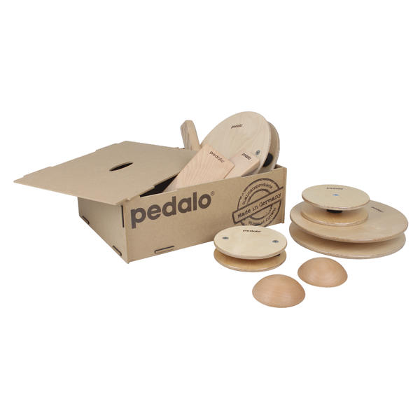 Pedalo Balancier-Set aus Holz mit verschiedenen Balanciergeräten und Kartonverpackung.