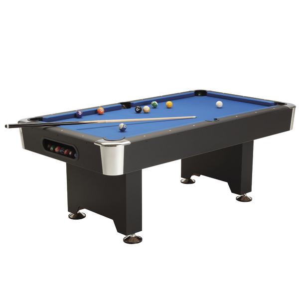 Winsport San Diego Billardtisch mit blauem Spielfeld, Billardkugeln und Queue.