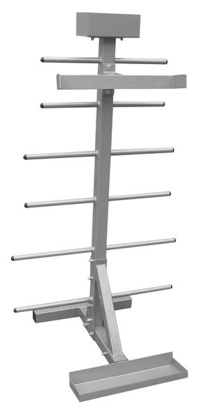 Robuster Metall-Hantelscheibenhalter mit mehreren Ablagearmen für Fitnessstudio oder Heimtraining.