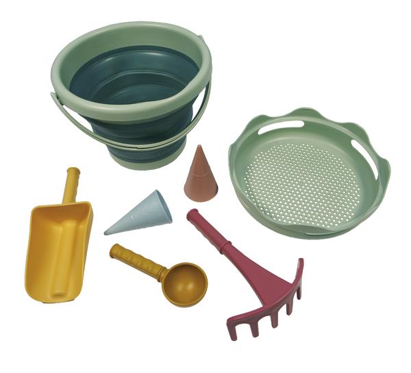 Kinderspielzeug Sandspielzeug Set mit Eimer, Schaufel, Rechen und Förmchen in bunten Farben