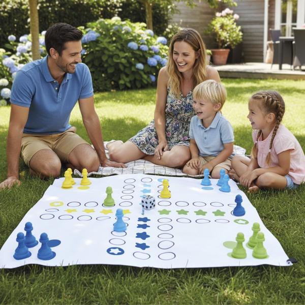 Familie spielt ein großes Ludo-Bodenspiel mit Spielfiguren und Würfel im Garten.