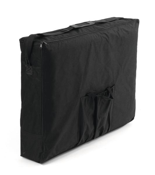 Schwarze, rechteckige Tragetasche mit Reißverschluss und Außentaschen, robustes Material.