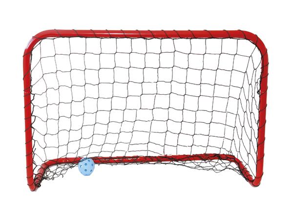 Rotes Floorball-Tor mit blauem Ball im Netz auf weißem Hintergrund.