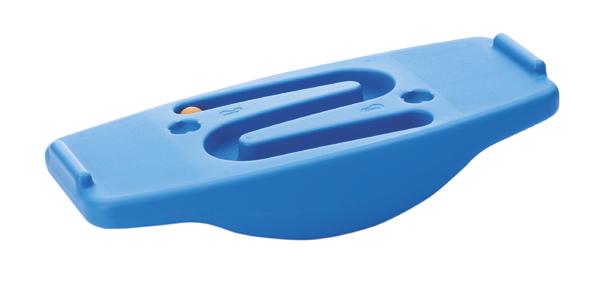 Blaues Kunststoff-Wasserwaagen-Werkzeug mit Libelle für präzises Ausrichten.