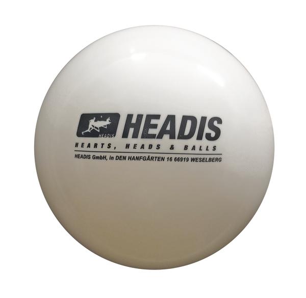 Weißer Headis-Ball mit schwarzem Headis-Logo und Firmenadresse, freigestellt auf weißem Hintergrund.