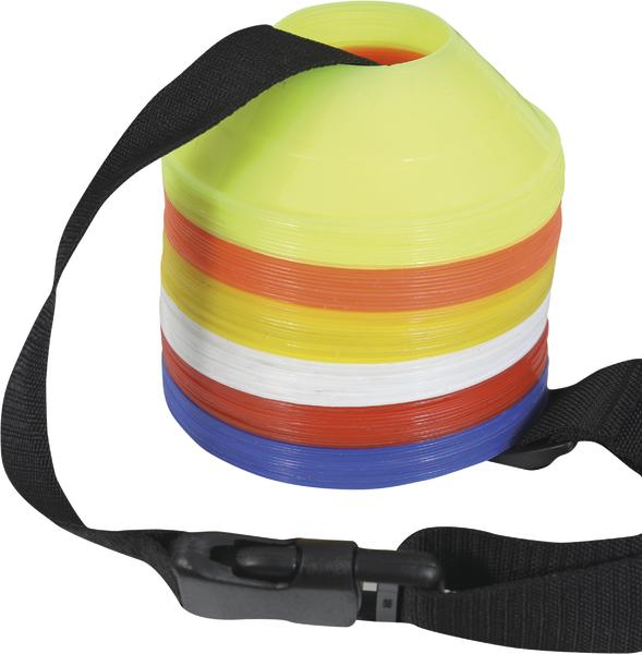 Stapel bunter Markierungshütchen mit Tragegurt für Sport und Training
