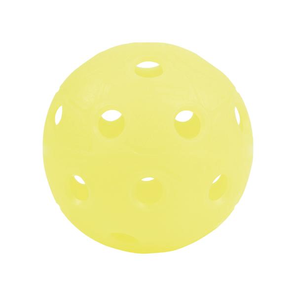Hellgelber Kunststoffball mit Löchern, typischer Floorball- oder Unihockey-Ball.