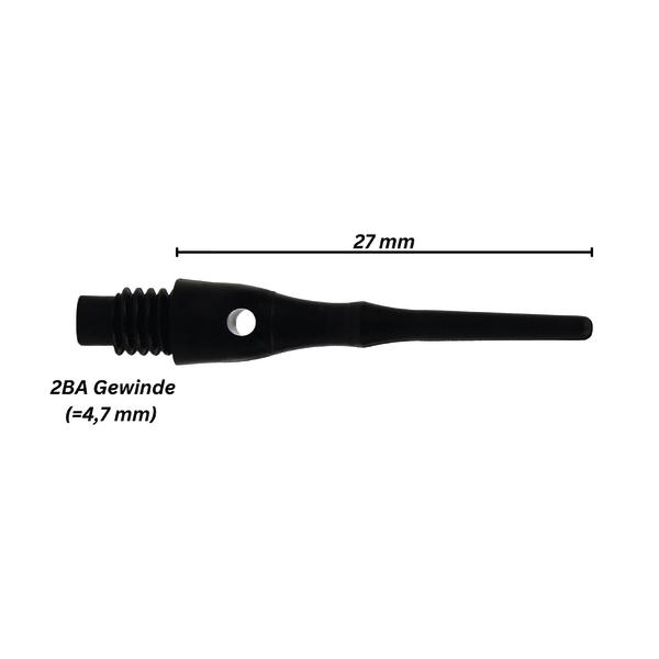 Schwarzer Dart-Schaft mit 2BA Gewinde und 27 mm Länge, Nahaufnahme auf weißem Hintergrund.