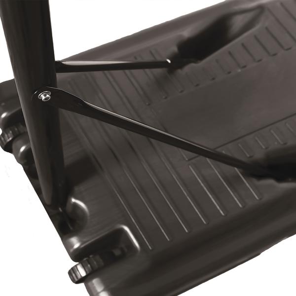 Schwarzer Kunststoff-Klappstuhl mit Metallstreben und rutschfester Sitzfläche.