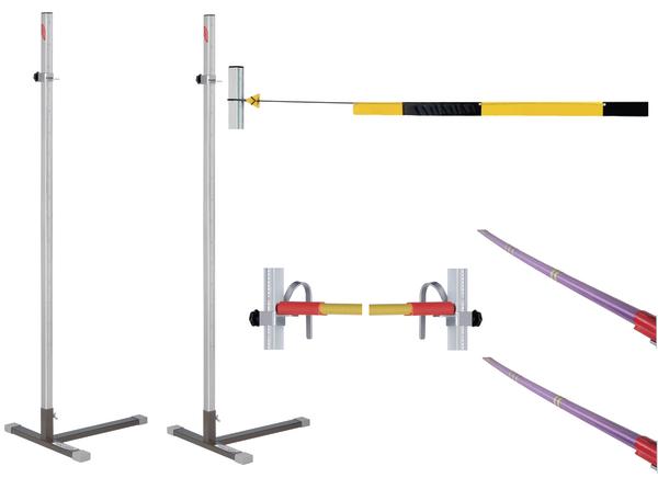 Hochsprungständer mit verstellbarer Latte und gelb-schwarzer Hochsprungstange.