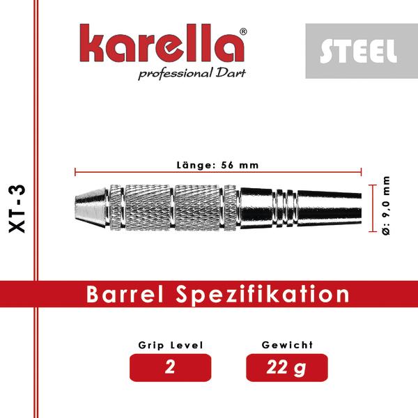 Karella XT-3 Steel Dart Barrel mit 56 mm Länge, 9 mm Durchmesser, 22 g Gewicht und Grip Level 2.