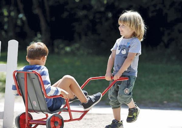 Kind zieht lachend Freund in Schubkarre im sonnigen Garten, spielerische Kinderaktivität draußen.