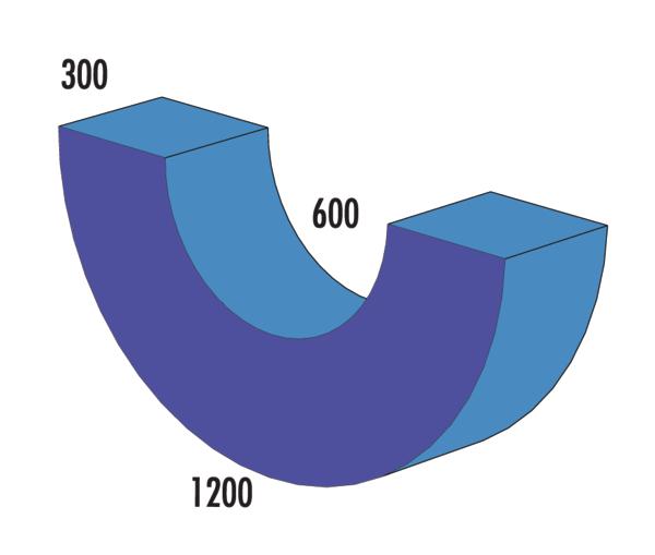 3D-Diagramm eines U-förmigen Objekts mit den Maßen 300, 600 und 1200 Einheiten.