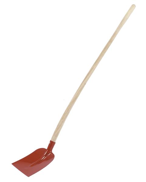 Roter Spaten mit langem Holzstiel für Garten- und Erdarbeiten.