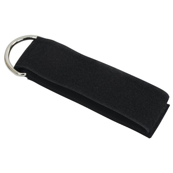 Schwarzer Klettverschluss-Gurt mit Metall-D-Ring für Kabel- und Kabelmanagement.