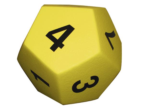 Gelber zwanzigseitiger Würfel mit schwarzen Zahlen für Rollenspiele und Brettspiele.