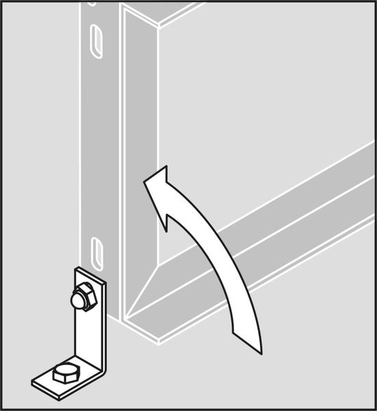 Montageanleitung für das Anbringen eines Winkels an einer Metallstruktur mit Pfeil zur Bewegungsrichtung.