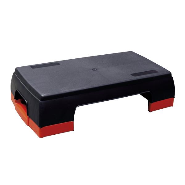 Schwarzes Stepper-Fitnessgerät mit roten Füßen für Aerobic-Training.