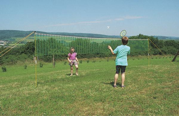 Kinder spielen Badminton auf einer grünen Wiese mit Berglandschaft im Hintergrund.