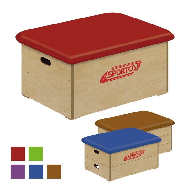 Sportco Sprungkasten aus Holz mit gepolstertem Deckel in verschiedenen Farben für Turnübungen.