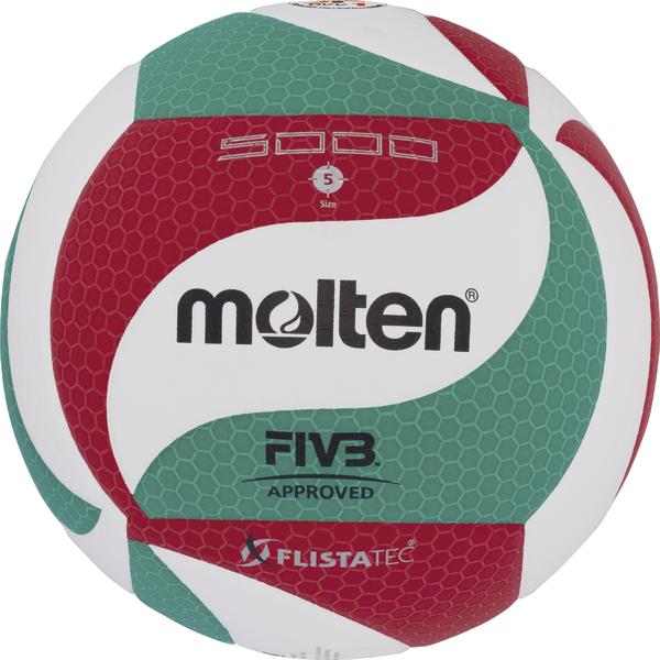 Molten Volleyball in Rot, Grün und Weiß, FIVB-zertifiziert, Größe 5, FLISTATEC-Technologie.