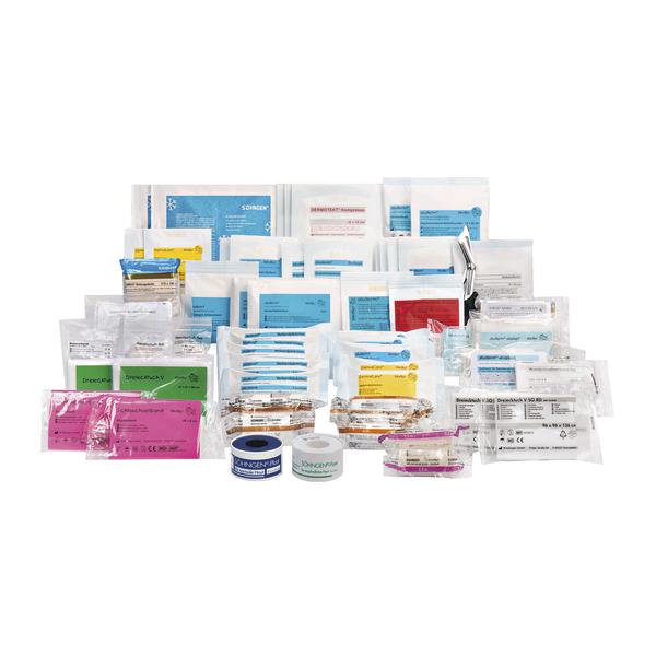 Erste-Hilfe-Set mit verschiedenen Verbandsmaterialien und medizinischen Hilfsmitteln.
