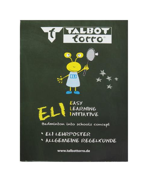 Talbot Torro ELI Badminton Lehrposter mit gelbem Maskottchen und Regeln für Schulen.